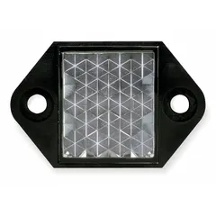 Rectangular corner cube reflector made of acrylic, measuring 24 mm by 21 mm. Non-polarized design for retroreflective sensing. Compatible with XU photoelectric sensors for object detection in automation systems.