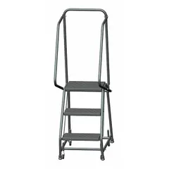 This steel weight-actuated ladder from BALLYMORE provides safe elevated access to storage racks, shelving, and work areas in warehouses and industrial facilities. The weight-actuated casters lock when climbed, ensuring stability during use. It features a perforated platform and includes handrails. Unassembled, gray finish.