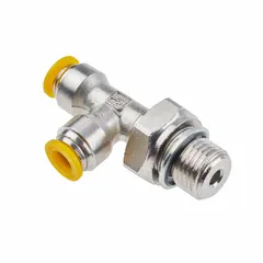 Nickel-plated brass tee fitting with push-fit connections for 8 mm OD tubing and a 1/4" male pipe thread. Overall length 24 13/32 mm. Used to branch pneumatic or fluid lines in industrial systems requiring corrosion resistance and tool-free installation.