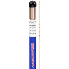 Phos-copper brazing alloy with 5% silver, BCuP-3 classification. Bare rods measure 1/8 in diameter by 20 in length. Pack of 28. Used for brazing copper-to-copper joints in HVAC, refrigeration, and plumbing systems.