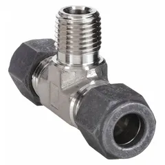 This PARKER single-ferrule stainless steel compression tee fitting connects three tubing lines, joining 3/8 in OD tubing to 1/4 in pipe. It is compatible with CPI™ fitting brands and provides leak-free sealing in instrumentation and process systems.
