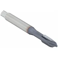 Spiral point tap for threading blind or through holes in steel and stainless steel. Features a #10-24 UNC thread size, H3 / 2B-3B tolerance, 3 flutes, and plug chamfer. The spiral point design pushes chips ahead to reduce clogging and breakage during operation.