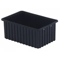 This plastic ESD static-control divider box measures 16 1/2 in x 10 7/8 in x 7 in with a 0.5 cu ft capacity. It is black and does not include a lid or dividers. Used for organizing and protecting components in static-sensitive environments such as electronics assembly and repair.