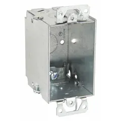 Steel cut-in electrical box for single-gang installations. Designed for retrofit mounting in walls or ceilings, this box provides an enclosure for switches, outlets, or other wiring devices. Features a knockout (KO) clamp style and measures 2-1/2 inches deep by 4-1/4 inches wide. No bracket included.