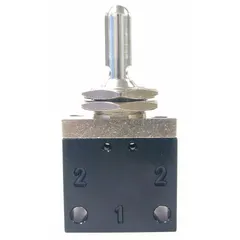 Three-way, three-position toggle valve with 1/8 in female NPT port. Aluminum body with detent operating mechanism. Used for manual control of compressed air in pneumatic systems, such as directing flow to single-acting cylinders or pilot signals.