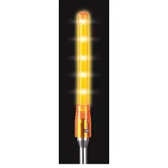 LED solid-type amber warning light with power range 2.4 to 12 W. Measures 1 inch in height and 6 inches in width. Commonly mounted on service trucks, tow vehicles, and construction equipment to provide high-visibility warning signals in low-light or high-traffic work zones.