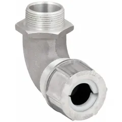 90° metallic cable grip with 1-1/4 in MNPT box connection, accepting cord diameters from 1.13 in to 1.25 in. Body is silver aluminum with IP66 rating and Class III, Division 1 & 2 hazardous location rating. Suitable for securing and sealing liquid-tight flexible conduit or cord in industrial environments.