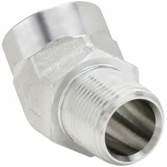 Steel 45° elbow for hydraulic extreme-pressure pipe systems. Features 1/4 in x 1/4 in pipe size with Male NPT Threaded x Female NPT Threaded connections. Rated for maximum operating pressure of 5,000 psi. Used in industrial fluid power applications requiring directional change.