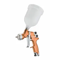 This HVLP spray gun features an aluminum body and a 1/4 in BSP air inlet. It is designed for applying dyes, glazes, lacquers, paints, and stains in finishing applications where controlled fluid delivery and reduced overspray are required.