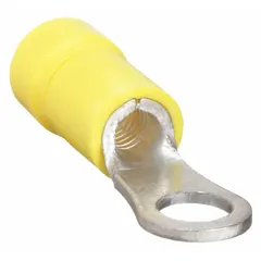 Yellow vinyl-insulated ring terminal for 1/4 in studs. Accepts 12 AWG to 10 AWG wire. Provides secure termination in control panels, power distribution, and equipment wiring.