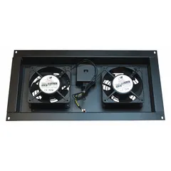 This fan kit is designed for use in server rack enclosures to provide cooling and airflow management. It includes mounting hardware for installation. Overall depth is 1 13/16 inches and overall height is 9 inches.