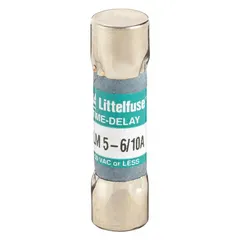 Time-delay midget fuse rated 5.6 A and 250 V AC, with a cylindrical body measuring 13/32 in x 1 1/2 in. Provides overcurrent protection with time-delay characteristics to accommodate temporary inrush currents in industrial circuits.