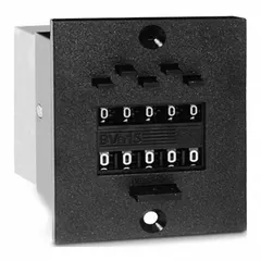 Front-panel-mounting electromechanical counter with dimensions 2 5/8 in x 2 1/4 in. Operates on 90 V AC to 110 V AC. UKCA certified. Suitable for counting cycles, events, or production quantities in industrial control panels and automation systems.