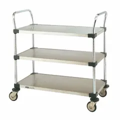 This NSF-compliant utility cart from METRO features a 36 in L x 24 in W shelf and overall dimensions of 36 in L x 24 in W x 38 in H. It is equipped with four swivel casters with rubber tread for maneuverability. Suitable for transporting supplies in commercial kitchens, hospitals, and warehouses where sanitation is required.