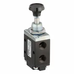 Three-way, two-position, normally closed spool valve with spring return. Button actuator. 1/4 in female NPT ports. Aluminum body. Used to start, stop, or redirect compressed air flow in pneumatic systems.