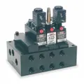 Manifold accessory for manual air control valves, supplied with plugs and seals. Features four ports with 3/8 in Female NPT connections. Operating temperature range 0°F to 180°F. Used to consolidate multiple air lines in pneumatic control systems.