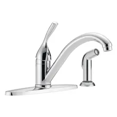 This single-post kitchen faucet from the Delta Classic series is constructed of brass and designed for deck mounting with four mounting holes. It has a flow rate of 1.8 gpm. Suitable for residential and light-commercial kitchen sink applications, its low-arc spout provides clearance for large pots while minimizing splashing.