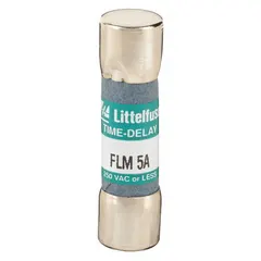 LITTELFUSE FLM005 is a 5 A, 250 V AC time-delay midget fuse from the FLM series. It measures 13/32 in x 1 1/2 in and is non-indicating. Typical applications include overcurrent protection in control circuits, motor starters, and lighting panels where compact size and time-delay characteristics are required.