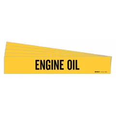 Yellow adhesive pipe marker with black 'Engine Oil' legend, no arrows. Fits pipe outer diameters from 2-1/2 to 7-7/8 inches. Supplied as a 5-pack with one marker per pack. Used for identifying engine oil lines in piping systems.