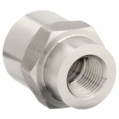 Rigid steel adapter with female NPTF threads on both ends, sized 1-1/4 in x 1-1/2 in. Used to connect two female-threaded hydraulic lines or components in high-pressure fluid systems. The dryseal NPTF threads provide a leak-resistant connection without additional sealant.