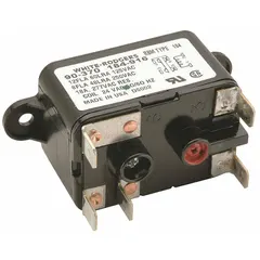 Magnetic fan-control relay with single-pole double-throw (SPDT) contacts, providing both normally open and normally closed switching. Operates with a 24V AC coil. Used in HVAC and industrial equipment control systems to switch fan motors or other loads based on a control signal.