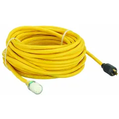 This 100 ft outdoor extension cord features a NEMA L5-20P locking plug and single outlet, rated for 125V AC. The 10/3 SJTOW cable is oil, weather, and abrasion resistant, with a temperature range of -58° to 194°F. Suitable for powering equipment in industrial and construction environments.