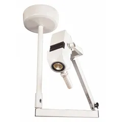 Ceiling-mount halogen examination light delivering 60,000 lux at 1 meter with a color temperature of 4300K and a CRI of 94. Operates on 120V AC with 150 W power consumption. Suitable for clinical procedures requiring accurate tissue color differentiation.
