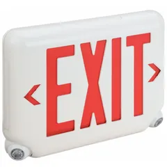 White plastic exit sign with red LED text and universal field-selectable chevrons. Includes round bottom-mount emergency light heads. Operates on 120/277V AC. Remote capable. For ceiling or wall mounting with one or two illuminated faces.