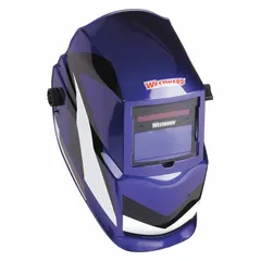 Auto-darkening welding helmet with nylon shell and graphics in black/blue/white. Features analog ADF controls, 2 arc sensors, and a viewing area of 3.82 in x 1.73 in. Welding shade range W9-13 with grind mode. Ratchet suspension adjustment. Suitable for arc welding processes such as MIG, TIG, and stick welding.