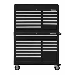 This heavy-duty top chest and rolling cabinet combination features 22 drawers with ball-bearing slides for smooth operation. The keyed locking system secures tools and equipment. Finished in black powder coating, the top chest measures 41-1/2 in W x 18-5/8 in D x 26-7/8 in H. Suitable for industrial storage in workshops, maintenance facilities, and manufacturing plants.