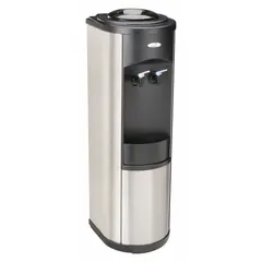 Freestanding bottled water dispenser with top-loading design. Stainless steel and black housing. Dispenses cold still water. Operates on 115V AC electric corded power. Suitable for break rooms, offices, and cafeterias.