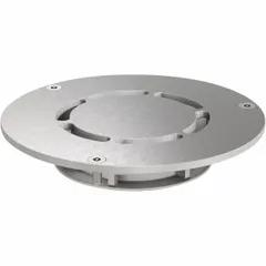 Round floor drain grate made of stainless steel with a satin finish. Overall diameter 5 inches, overall height 3/4 inch. Includes vandal-resistant screws for secure installation. Suitable for institutional drainage applications.