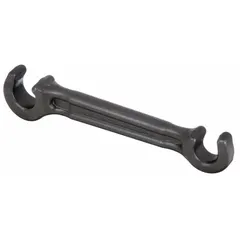 This double end valve wheel wrench is constructed from alloy steel. It has an overall length of 8 inches. The wrench is used to operate valve wheels in industrial piping systems, such as in water treatment, oil and gas, and chemical plants.