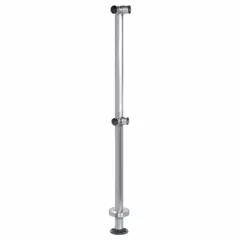 Floor-mounted corner post for modular handrail systems. Constructed of round silver stainless steel. Supports two rail levels. Used in material handling and industrial environments to define walkways and protect equipment.