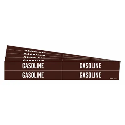 BRADY Pipe Marker: Gasoline, Brown, White, Fits 3/4 to 2 3/8 in Pipe O.D., 4 Pipe Markers - Gasoline Adhesive Pipe Markers