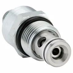 Steel flow control cartridge valve with nitrile seal. Block-mounted, two-position, normally closed design with screw adjustment. Used in hydraulic systems for regulating fluid flow in industrial machinery and mobile equipment.