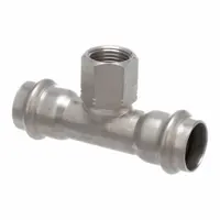 This VIEGA PROPRESS crimp tee fitting is used in potable water systems to create a branch connection in stainless steel piping. It features a rubber seal and is sized 3/4 in CTS x 3/4 in CTS x 1/2 in pipe. Suitable for commercial and industrial plumbing applications