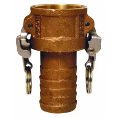 Type C forged brass cam and groove coupling with 1 1/4 in hose fitting size and 4 31/32 in overall length. Includes a nitrile gasket for sealing. Used for quick-connect hose and pipe connections in fluid transfer applications.