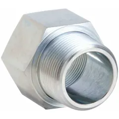 This steel straight adapter connects hydraulic pipes in extreme-pressure systems. Rated for 4500 psi, it is used in fluid power applications requiring leak-free connections. Fitting pipe size is 3/4 in x 1/2 in.