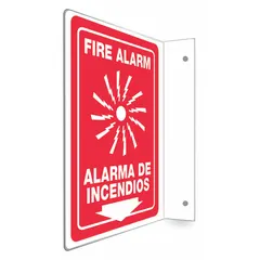 This L-shape projection sign is designed to indicate fire alarm locations. It features mounting holes for permanent installation and is made of PETG. The sign is not retroreflective and does not glow in the dark, suitable for indoor use where illumination is not required.