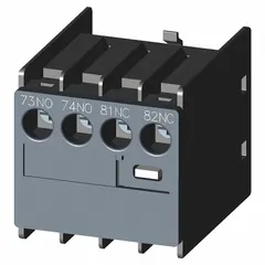 Front-mounted auxiliary contact block with one normally open and one normally closed contact. Designed for Frame Size S3, compatible with SIRIUS 3RT2 series contactors. Used to add signal or control contacts for monitoring or interlocking in motor control circuits.
