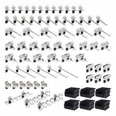 This assortment includes 66 hooks with a locking clip design for square-hole pegboard. Constructed from brushed stainless steel with a surface-mount configuration, it is used for organizing tools and equipment in workshops, garages, and industrial storage areas.