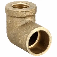 This low-lead bronze elbow connects 1/2 in CTS copper tube to 3/8 in female NPT threaded pipe. It is used for 90-degree directional changes in plumbing and HVAC systems. The cup end accepts copper tube for soldering, while the FNPT end provides a threaded connection.