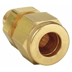 This double-ferrule brass compression fitting connects 1/2 in OD tubing to a 3/4 in male NPT threaded port. It is compatible with Parker A-LOK fittings and is used in instrumentation, hydraulic, and pneumatic systems.