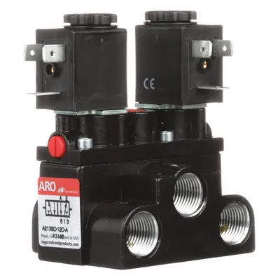 ARO Solenoid Air Control Valve: Alpha, Four-Way / Two-Position, 120V AC, 3/8 in Female NPT - ARO Alpha Series Solenoid-Operated Inline Air Control Valves