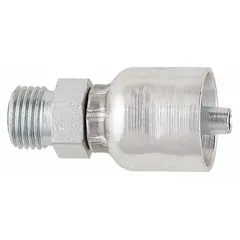 Straight crimp hydraulic hose fitting with ORS (O-Ring Seal) connection for leak-resistant sealing. Steel construction, male x genderless configuration, thread size 0.511"-27, for -6 hose dash size. Used in fluid power systems for connecting hydraulic hoses in high-pressure applications.