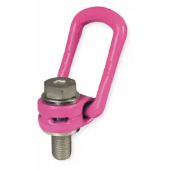 This pivot and rotate hoist ring is used for lifting operations where a secure, swiveling attachment point is required. It is made of steel with a pink powder-coated bail and has a thread size of 1-1/4"-7. The maximum load capacity is 11,000 lb.