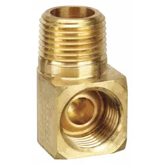 This brass inverted flare tube fitting elbow connects 1/4 in OD tubing to a 1/8 in pipe thread. It features a flared/threaded design with a 7/16-24 thread size. UL Listed. Sold in a pack of 10.
