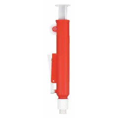 This WHEATON manual pipette controller is a single-channel device with a maximum capacity of 25 mL, designed for precise liquid handling in laboratory settings. Its red color and manual operation make it suitable for repetitive pipetting tasks in research, clinical, and industrial labs.