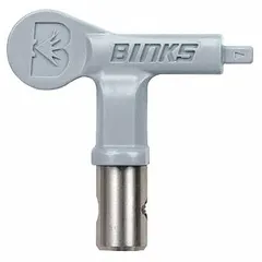 This gray twist tip is designed for airless spray guns used in paint application. It includes a seal gasket and is compatible with Binks MAG II series and model 0511-OHTO. Suitable for industrial finishing and maintenance painting tasks.